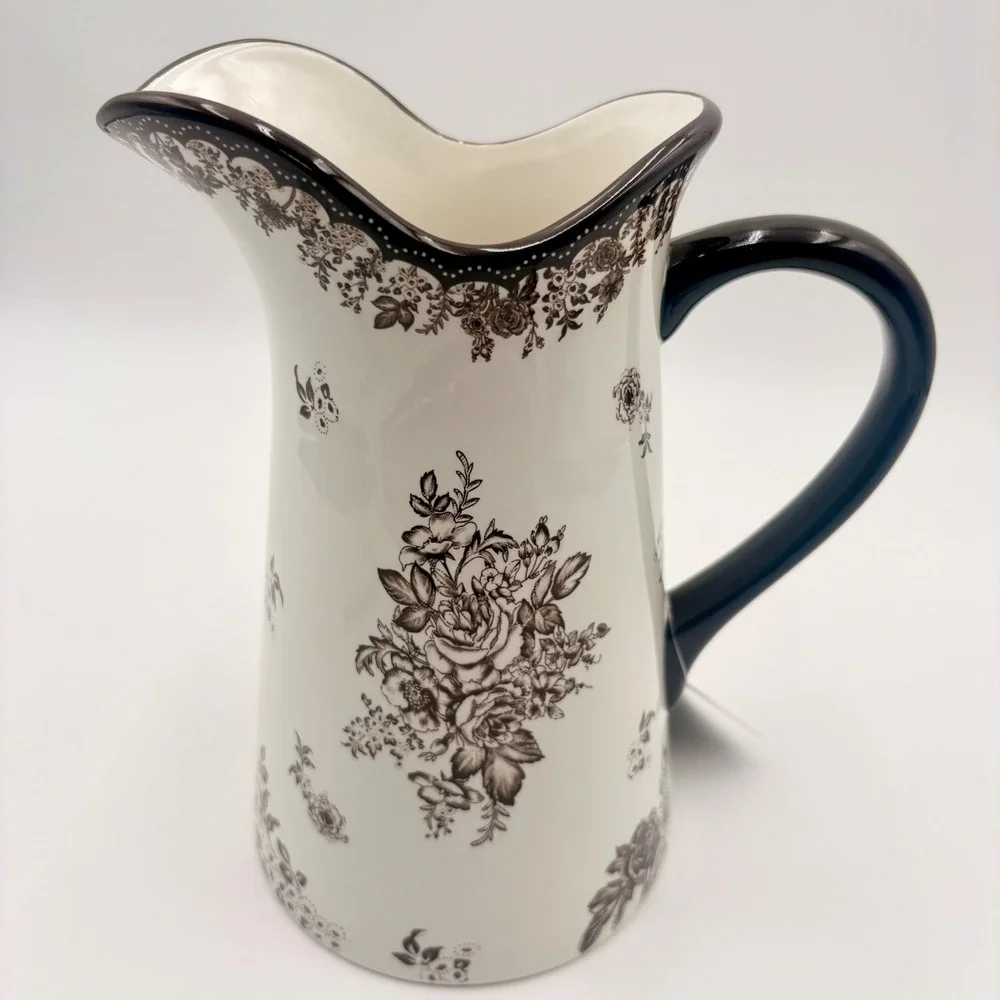 Robert Stanley Fall Classics Brown White Floral Toile Ceramic Pitcher Scalloped